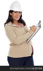Attractive pregnant engineer on a over white background