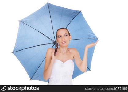 Attractive pretty bride woman in white dress holding blue umbrella. Happy smiling young girl during raining wedding day isolated on white background.. Pretty bride woman in white dress holding umbrella