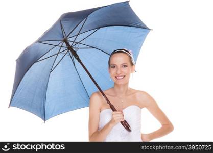 Attractive pretty bride woman in white dress holding blue umbrella. Happy smiling young girl during raining wedding day isolated on white background.. Pretty bride woman in white dress holding umbrella
