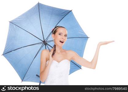 Attractive pretty bride woman in white dress holding blue umbrella. Happy smiling young girl during raining wedding day holding open palm for copy space. Isolated on white background.. Pretty bride woman in white dress holding umbrella