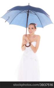 Attractive pretty bride woman in white wedding dress hiding taking cover under blue umbrella. Beautiful young girl during raining day isolated on white background.. Bride woman hiding taking cover under umbrella