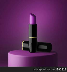 Attractive purple lipstick product on square stage. Isolated on purple background. Lipstick 3d model.