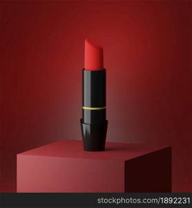 Attractive red lipstick product on square stage. Isolated on red background. Lipstick 3d model.