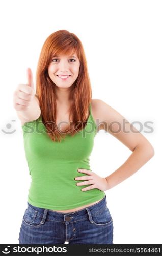 Attractive redhead woman signaling ok - isolated on a white bakcground