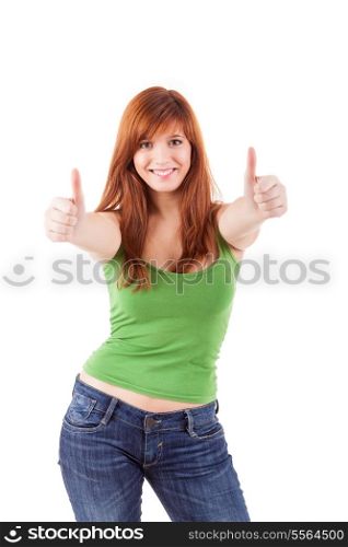 Attractive redhead woman signaling ok - isolated on a white bakcground