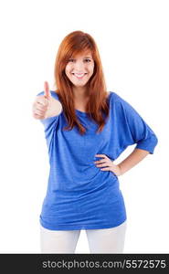 Attractive redhead woman signaling ok - isolated on a white bakcground