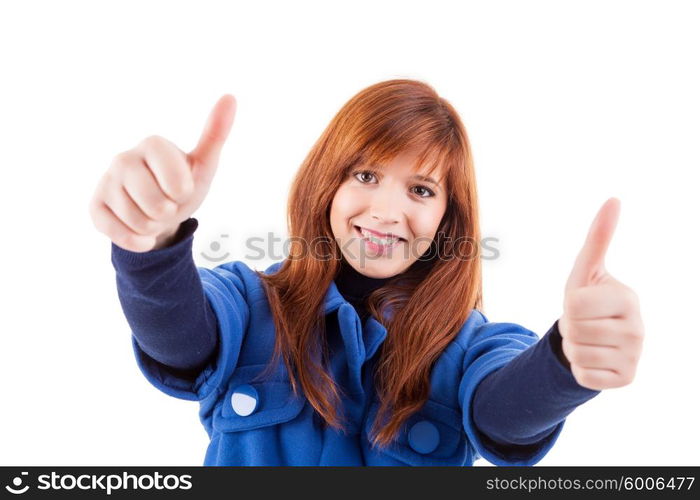 Attractive redhead woman signaling ok - isolated on a white bakcground