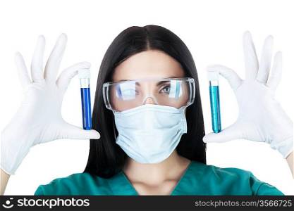 attractive scientist holding tubes on white background