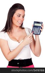 Attractive secretary with calculator isolated on white background