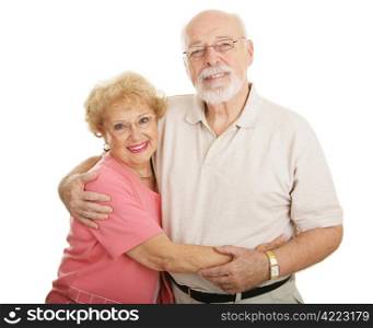 Attractive senior couple wearing new glasses. Isolated on white.