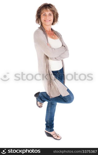 Attractive senior woman posing in style against white background..