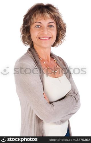 Attractive senior woman with folded arms isolated over white background..