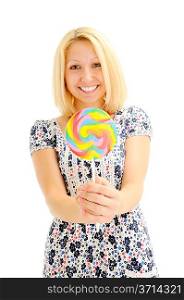 Attractive smiling blonde with lollipop over white background