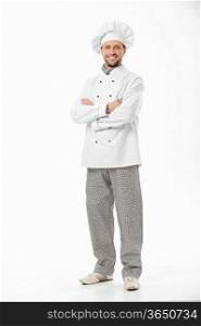 Attractive smiling chef on a white background