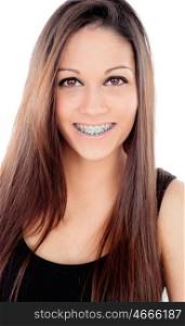 Attractive smiling girl with brackets isolated on a white background