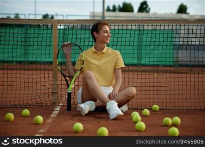Attractive smiling woman tennis player with racket sitting on court among scattered balls. Cute woman relaxing after game training. Attractive smiling woman tennis player sitting on court among scattered balls
