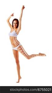 Attractive sporty slim woman with hands up and measuring hologram on white background
