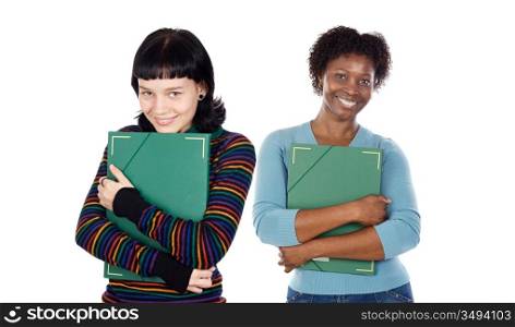 Attractive students with book a over white background