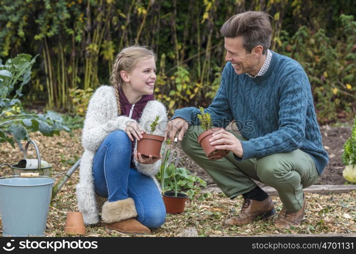 Attractive, successful and happy family, man, girl child, father and daughter gardening together in a garden vegetable patch