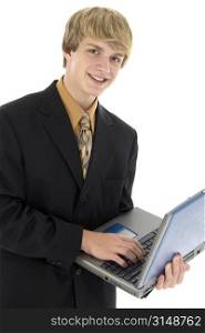 Attractive teen boy in suit with laptop.