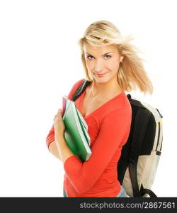 Attractive teenage girl with notebooks isolated on white background