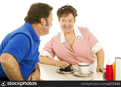 Attractive waitress flirting with a customer. White background