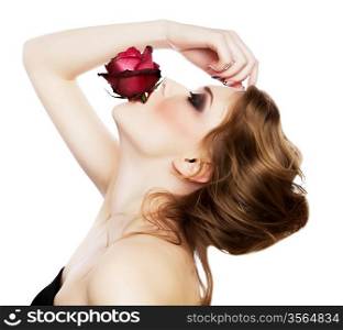 attractive woman and red rose on white background