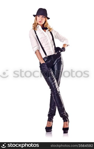 Attractive woman dancing in leather suit