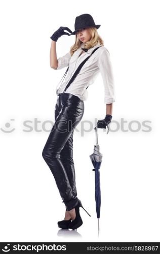 Attractive woman dancing in leather suit