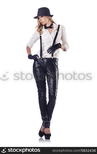 Attractive woman dancing in leather suit