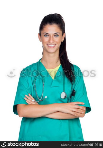 Attractive woman doctor with green uniform isolated on white background