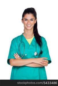 Attractive woman doctor with green uniform isolated on white background