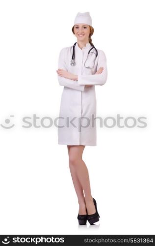Attractive woman doctor with stetothcope isolated on white