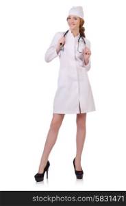Attractive woman doctor with stetothcope isolated on white