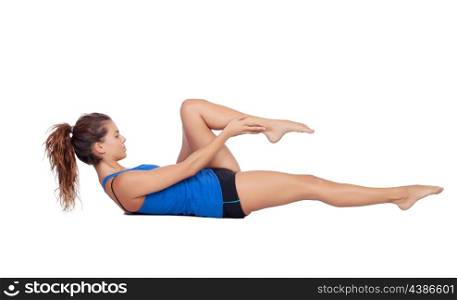 Attractive woman doing pilates exercises isolated on white background