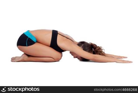 Attractive woman doing pilates exercises isolated on white background