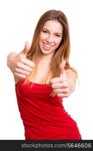 attractive woman doing thumbs up sign over white background