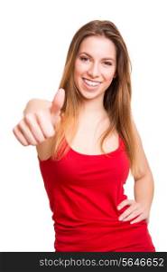attractive woman doing thumbs up sign over white background