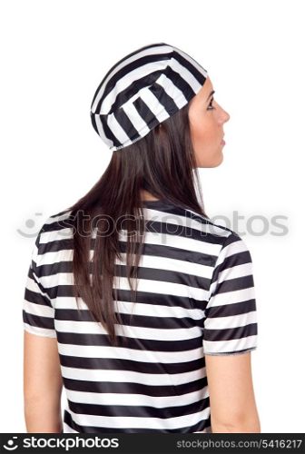 Attractive woman dressed in prisoner isolated on white background