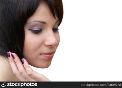 Attractive woman face with hand at cheek isolated on white. Closeup portrait