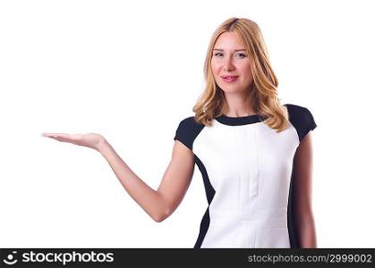 Attractive woman holding hands on white