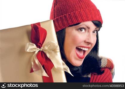 Attractive Woman Holds Holiday Gift Isolated on a White Background.