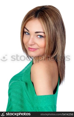 Attractive woman in a green dress isolated on white background