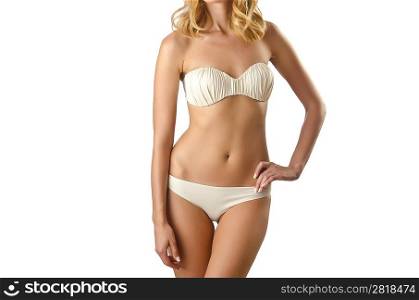 Attractive woman in bikini on white