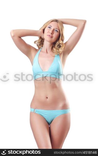 Attractive woman in bikini on white