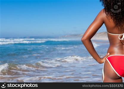 Attractive Woman in bikini standing in the sun on beach and looking into the water