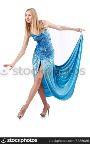 Attractive woman in blue dress on white