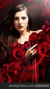 attractive woman in red drapery with red roses