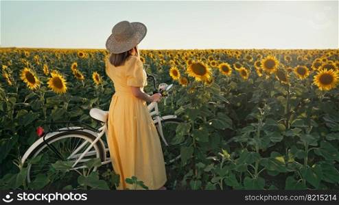 Attractive woman in timeless dress with retro styled bicycle in sunflowers field. Vintage fashion, amazing adventure, countryside activity, healthy lifestyle. High quality photo. Attractive woman in timeless dress with retro styled bicycle in sunflowers field. Vintage fashion, amazing adventure, countryside activity, healthy lifestyle.