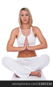 Attractive woman in yoga position on white background